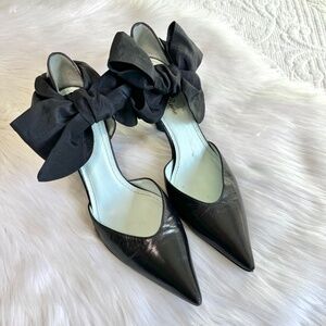Tracy Reese Black Leather Bow Heels Pointed Toe Made in Italy Size 7